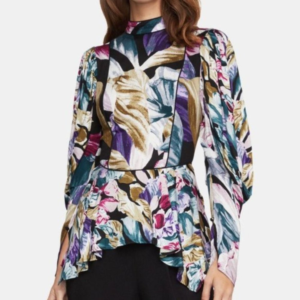 Modest BGBGMaxAzria Victorian style peplum puff sleeves petal blouse.